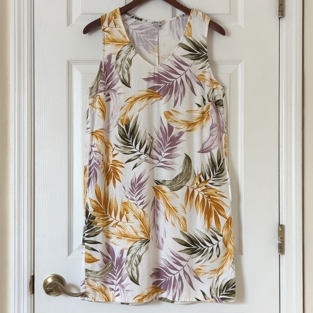 Orvis Tropical Leaf Printed Linen Blend Sleeveless V-neck Mini Dress White Small